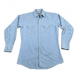 Vintage Ely Cattleman Western Shirt Adult SMALL Blue Chambray Cowboy Pearl Snap